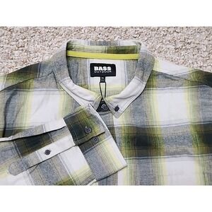 Bass Outdoor XL Heather Grey‎ Yellow Stretch Flannel Shirt Long Sleeve  NWT